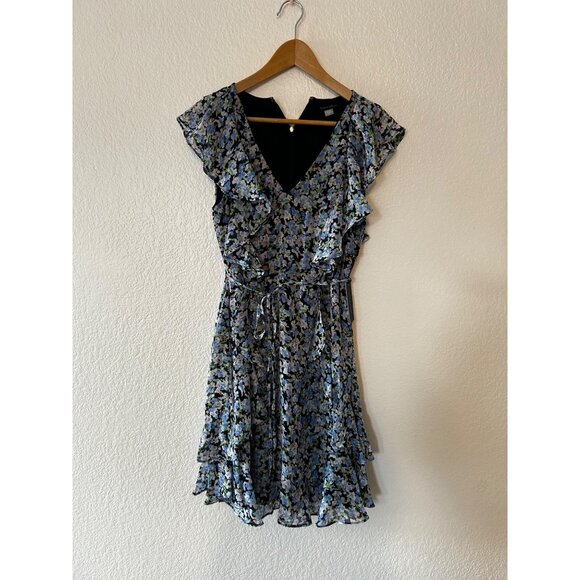 NWT Tommy Hilfiger Blue SLEEVELESS Floral Ruffled Dress SIZE 12P BELTED - Picture 2 of 6